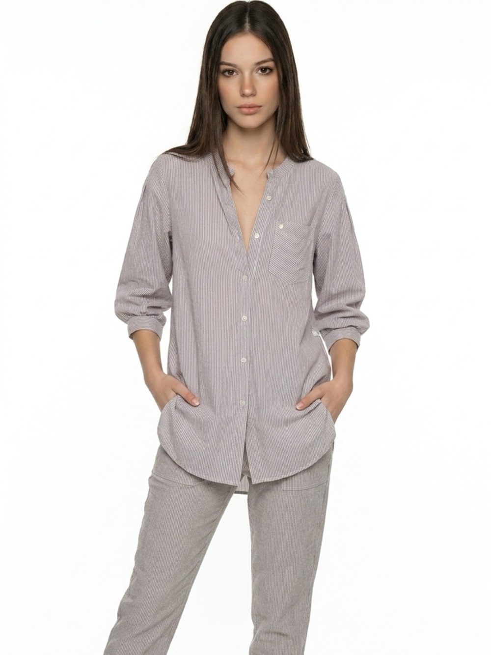 10 FEET Striped Button Down Tunic | Size S | Taupe & White